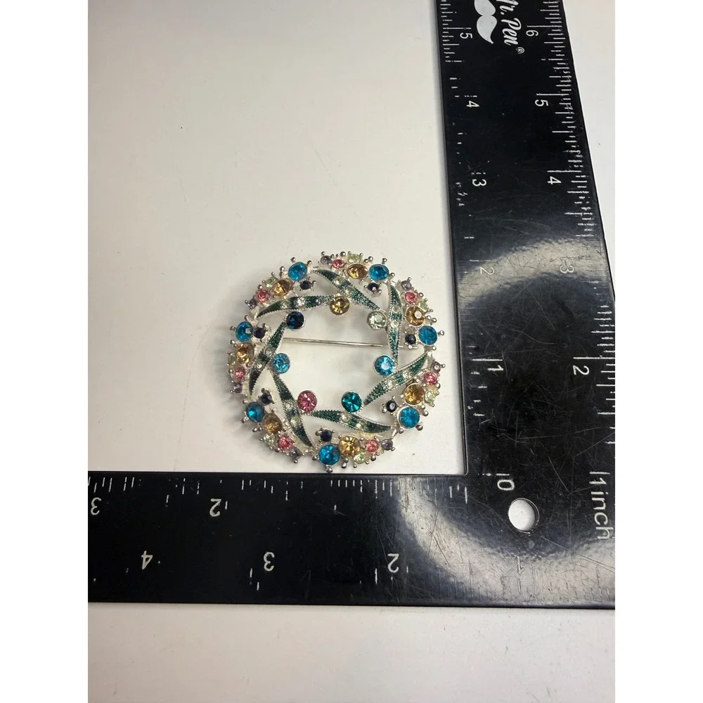 Napier Silver Tone Multi Color Rhinestone Wreath Brooch Pin Enamel Accent